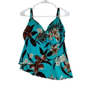 Caribbean Joe Tankini Top Women’s Large/12 Blue Tropical Print Assymetric Ruffle